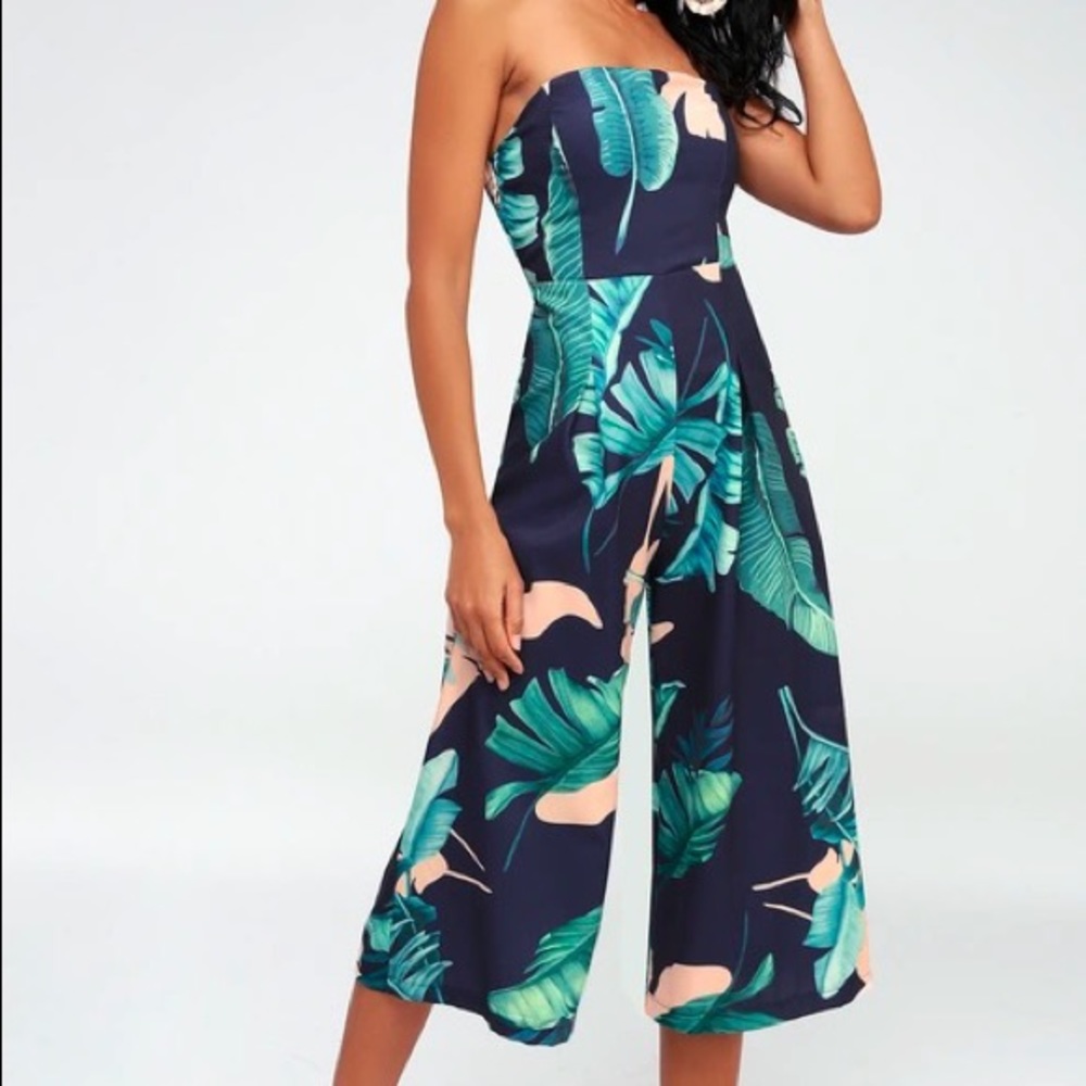 Rainforest Blooms Navy Print Strapless Jumpsuit
